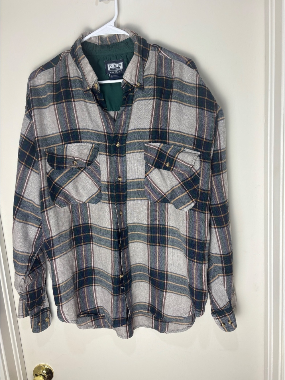Premier International Men’s XL Plaid Flannel Shirt Gray Green Lined Cuffs